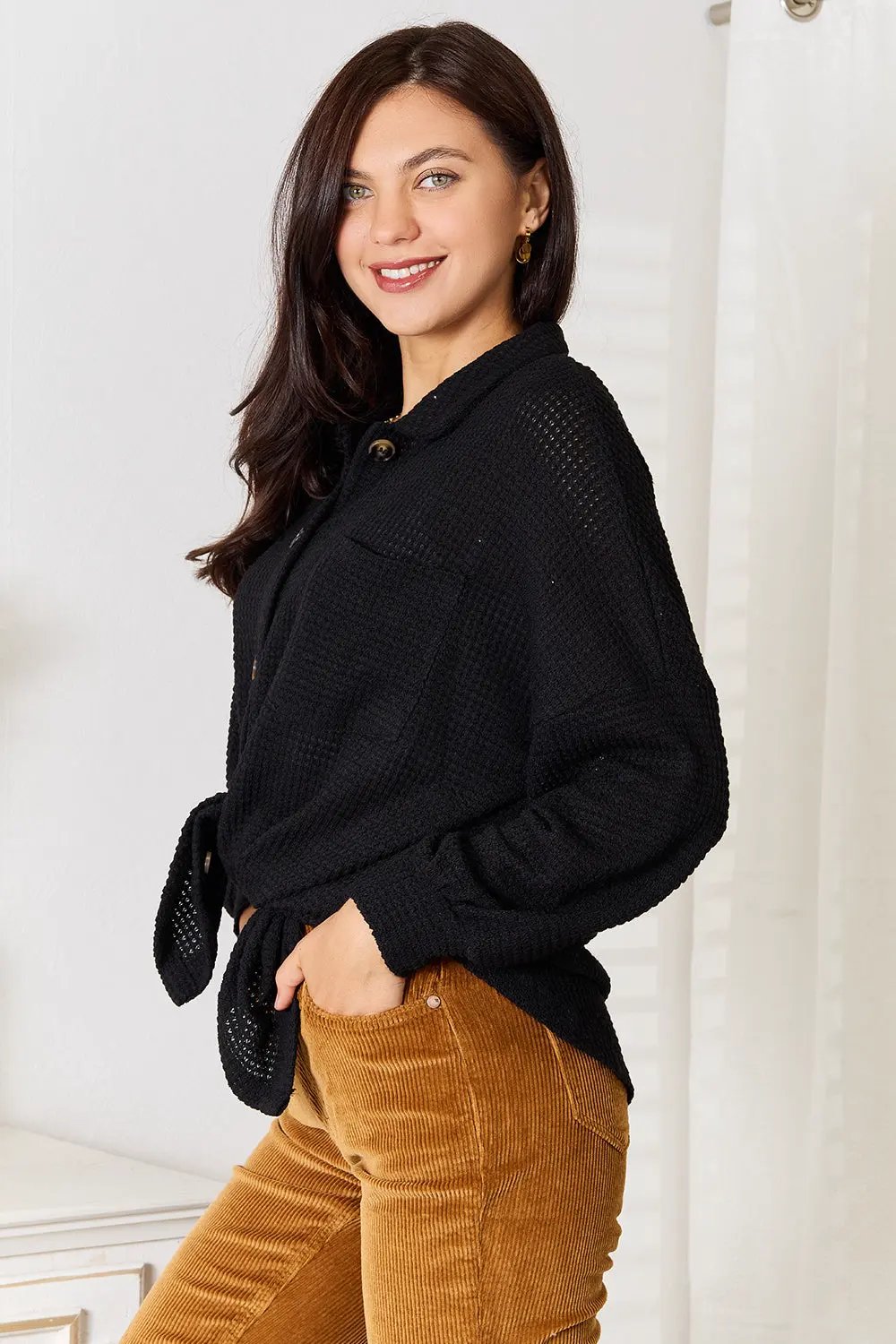 Double Take Waffle-Knit Collared Neck Dropped Shoulder Shirt by Double Take