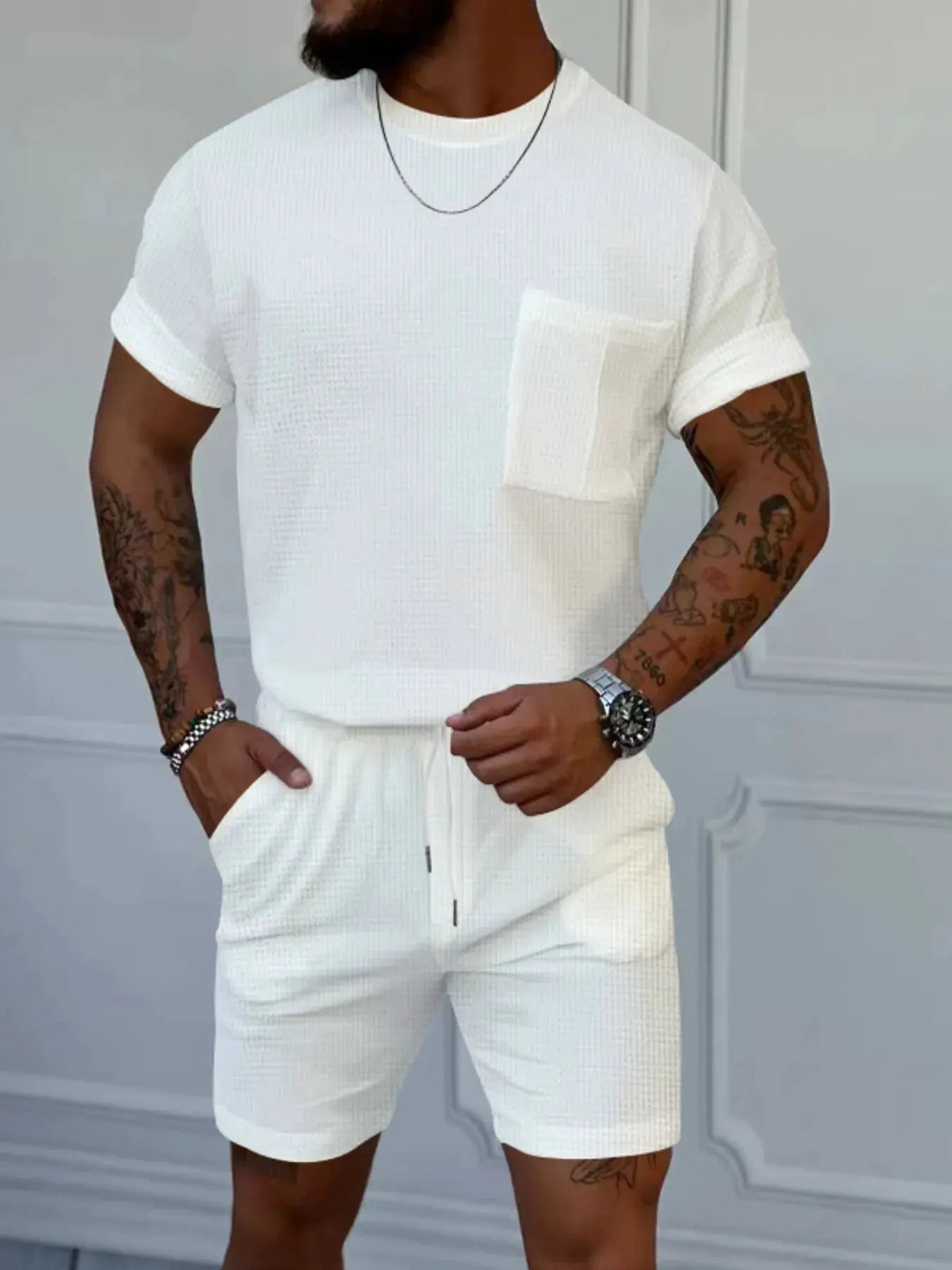 Men's Full Size Round Neck Short Sleeve Top and Shorts Set Plus Size by Trendsi