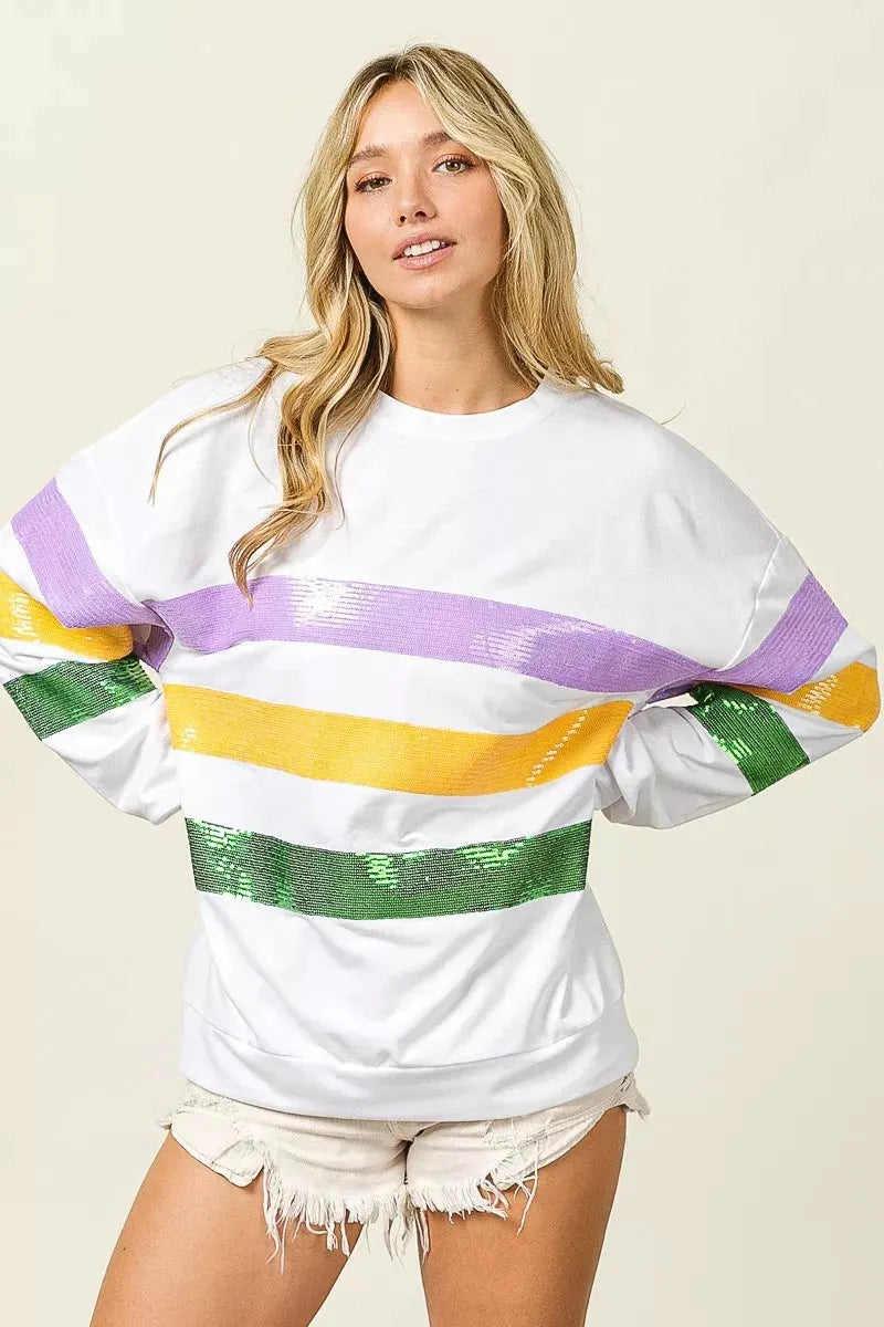 BiBi Sequin Mardi Gras Striped Round Neck Sweatshirt by BiBi