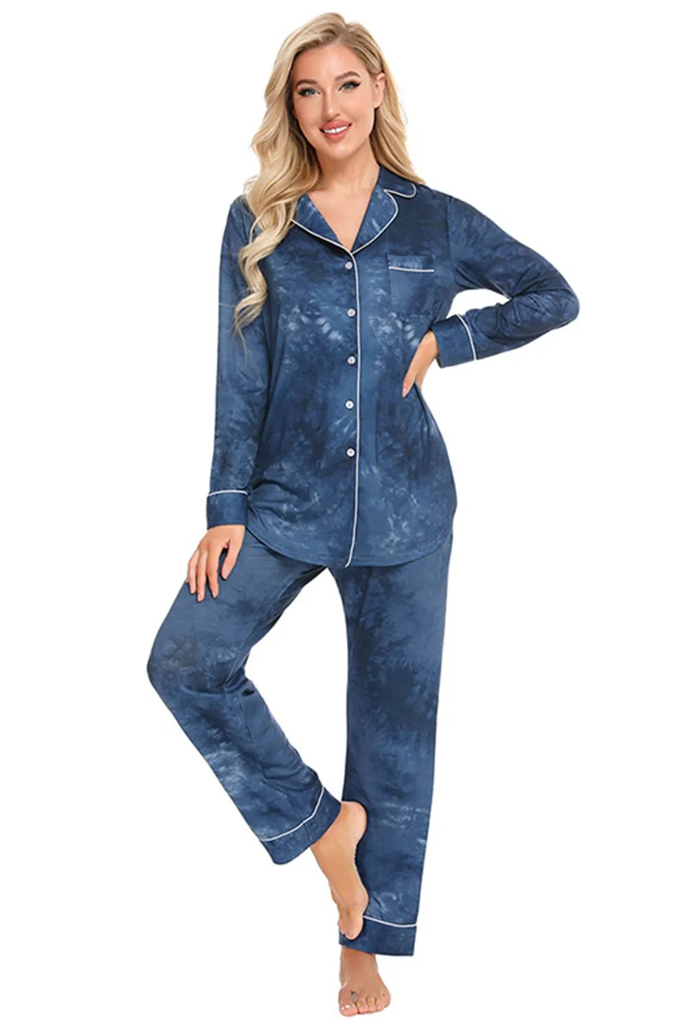 Collared Neck Long Sleeve Loungewear Set with Pockets by Partner Label