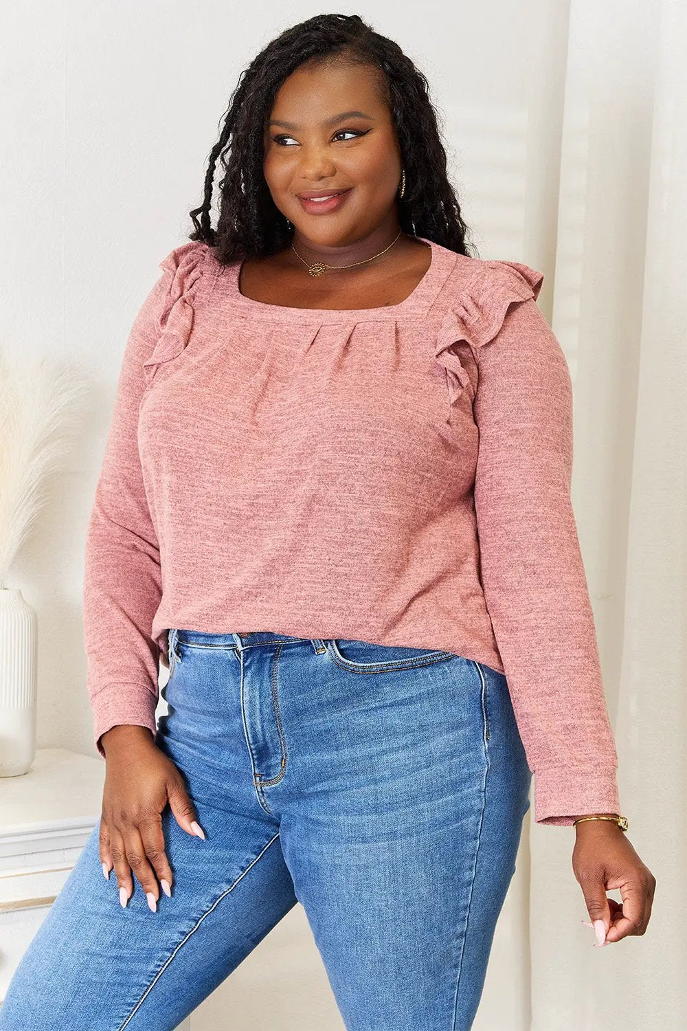 Double Take Square Neck Ruffle Shoulder Long Sleeve T-Shirt by Double Take