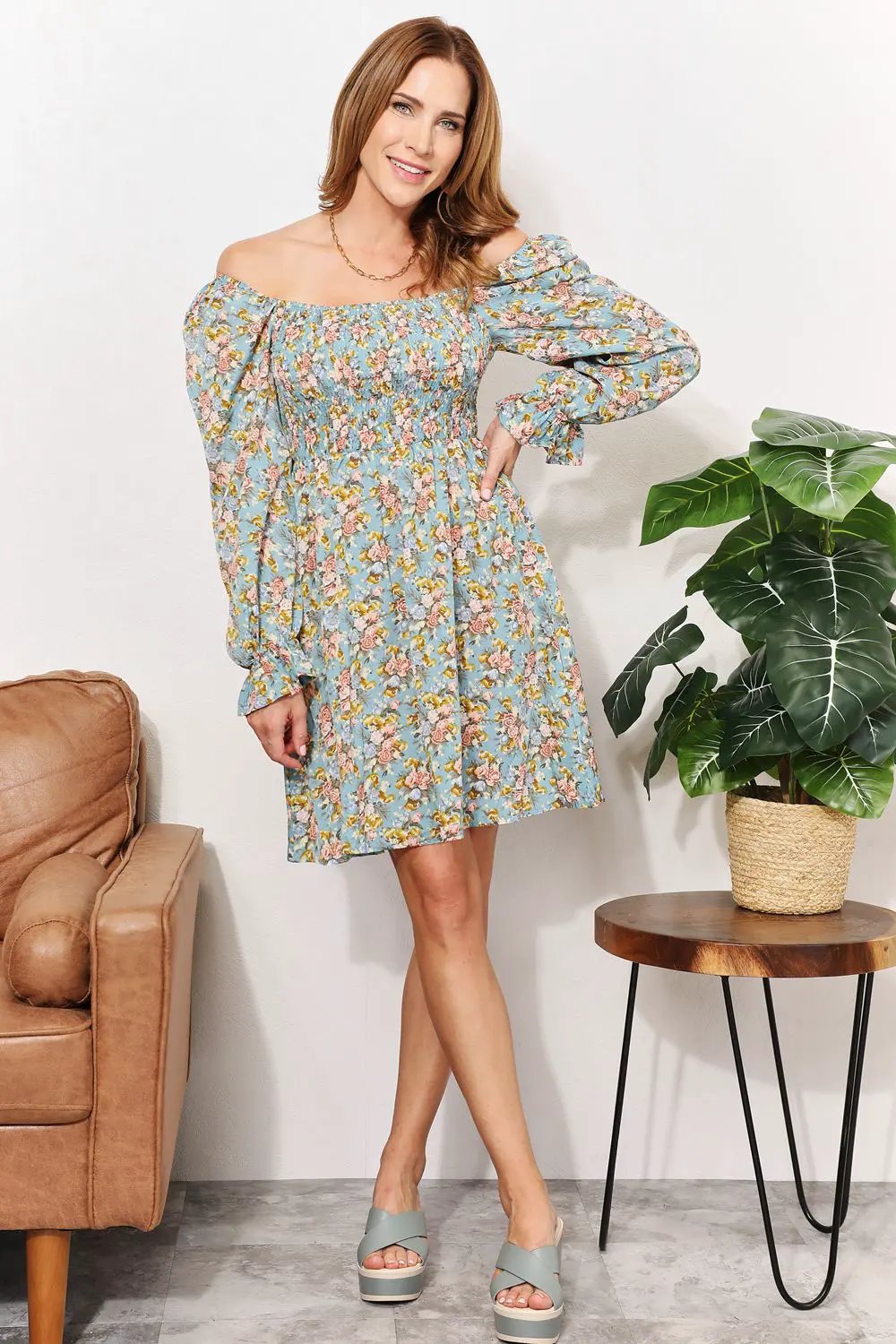 Honey Floral Smocked Flounce Sleeve Square Neck Dress by Honey