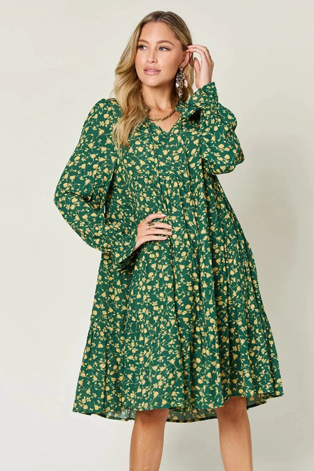 Double Take Full Size Printed Ruffle Hem Long Sleeve Tiered Dress by Double Take