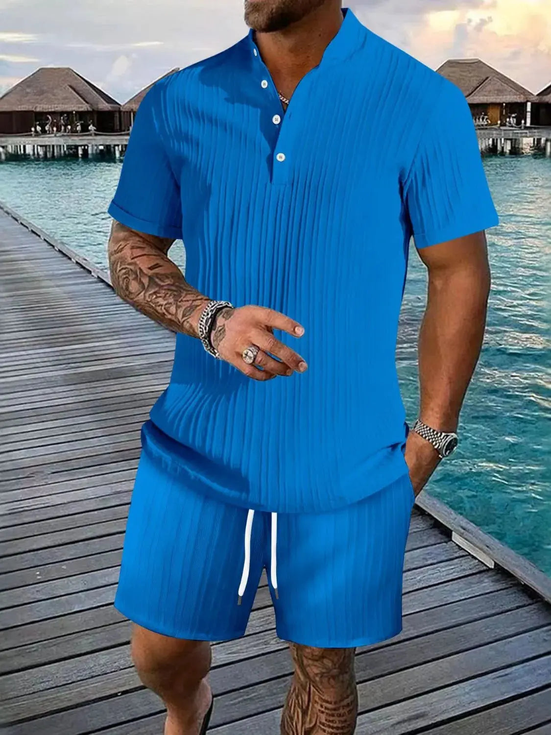Men's Full Size Button Detail Short Sleeve Top and Shorts Set Plus Size by Trendsi
