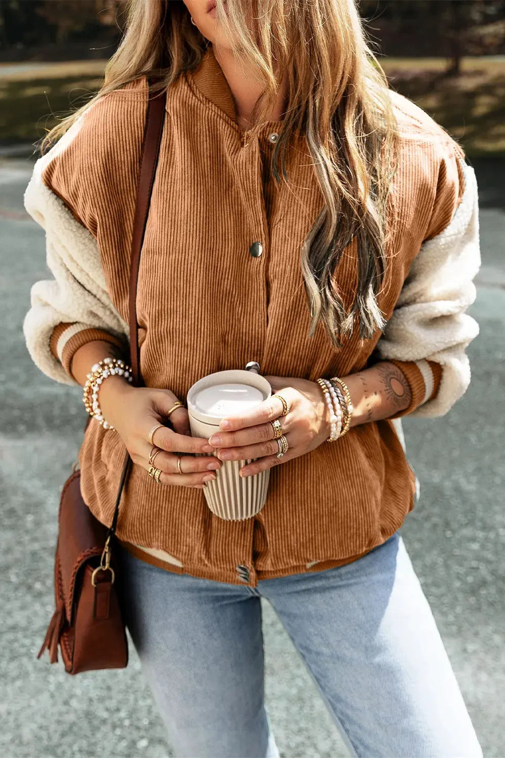 Contrast Baseball Collar Snap Down Long Sleeve Jacket by Partner Label