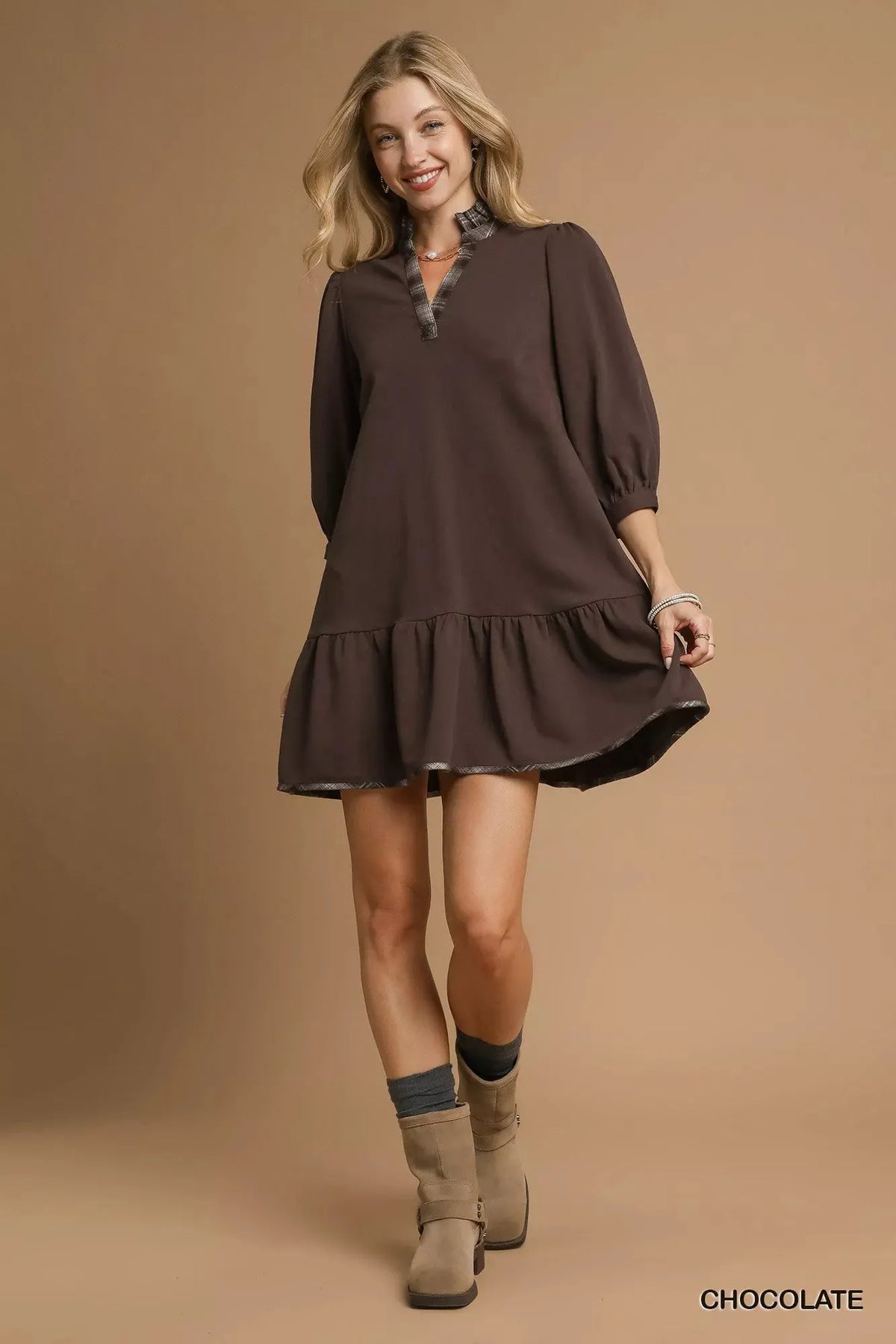 Umgee French Terry Ruffle Hem Dress with Plaid Trim by Umgee