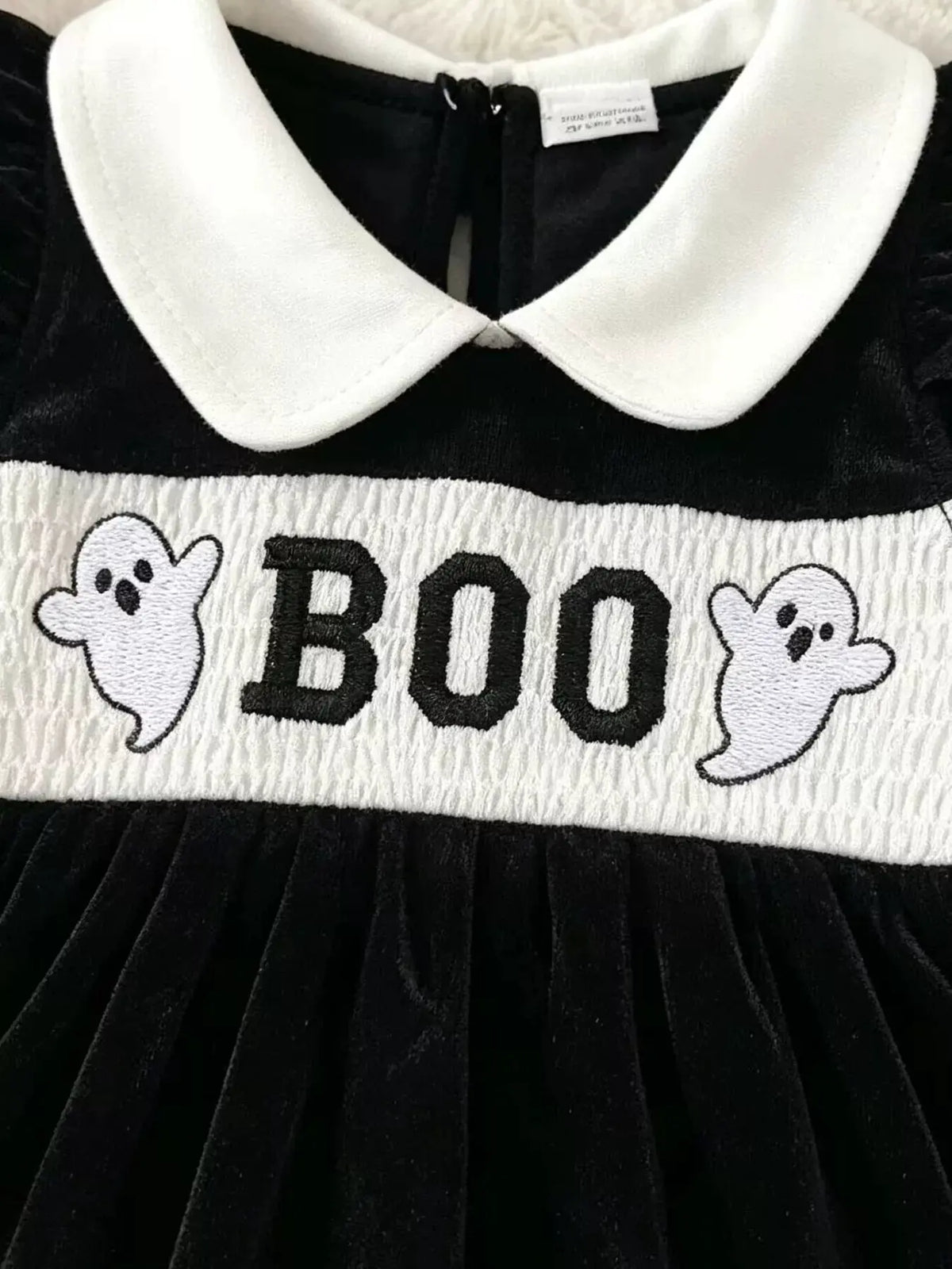 Children's Halloween 'BOO' Ghost Velvet Bodysuit Dress and Bow Headband Set by Trendsi