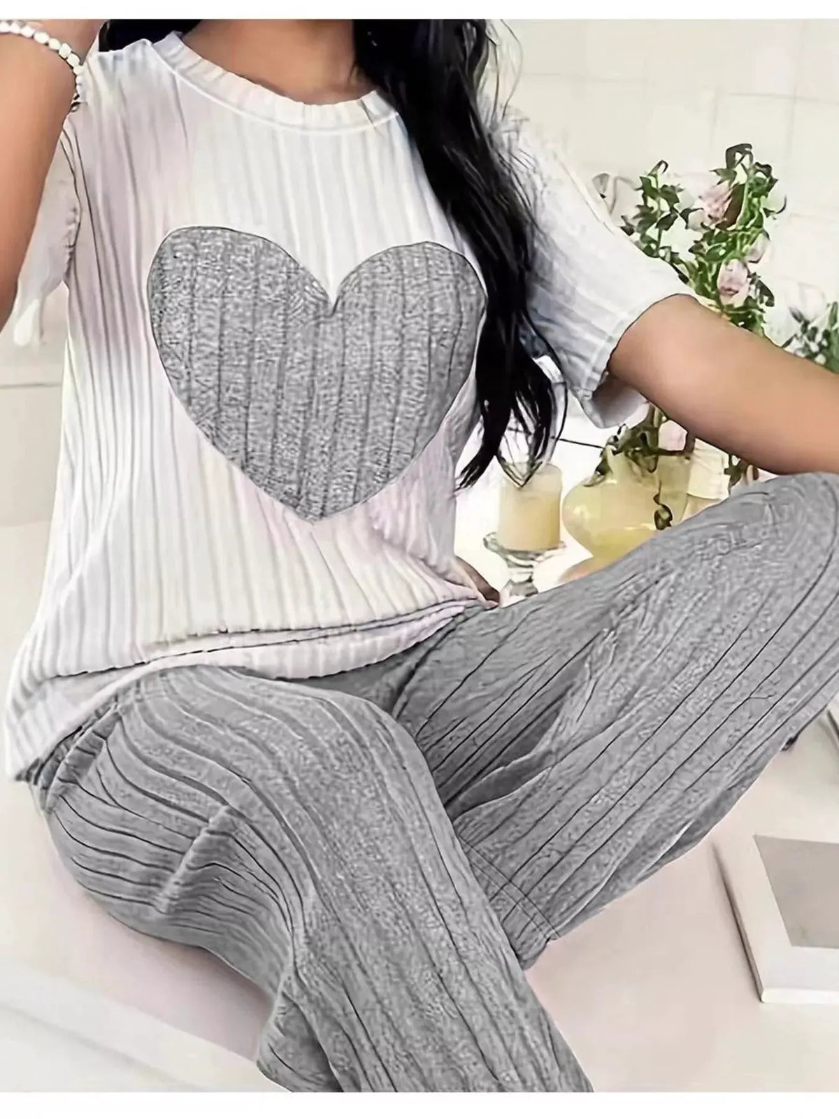 Heart Ribbed Knit Top and Pants Lounge Set by Partner Label