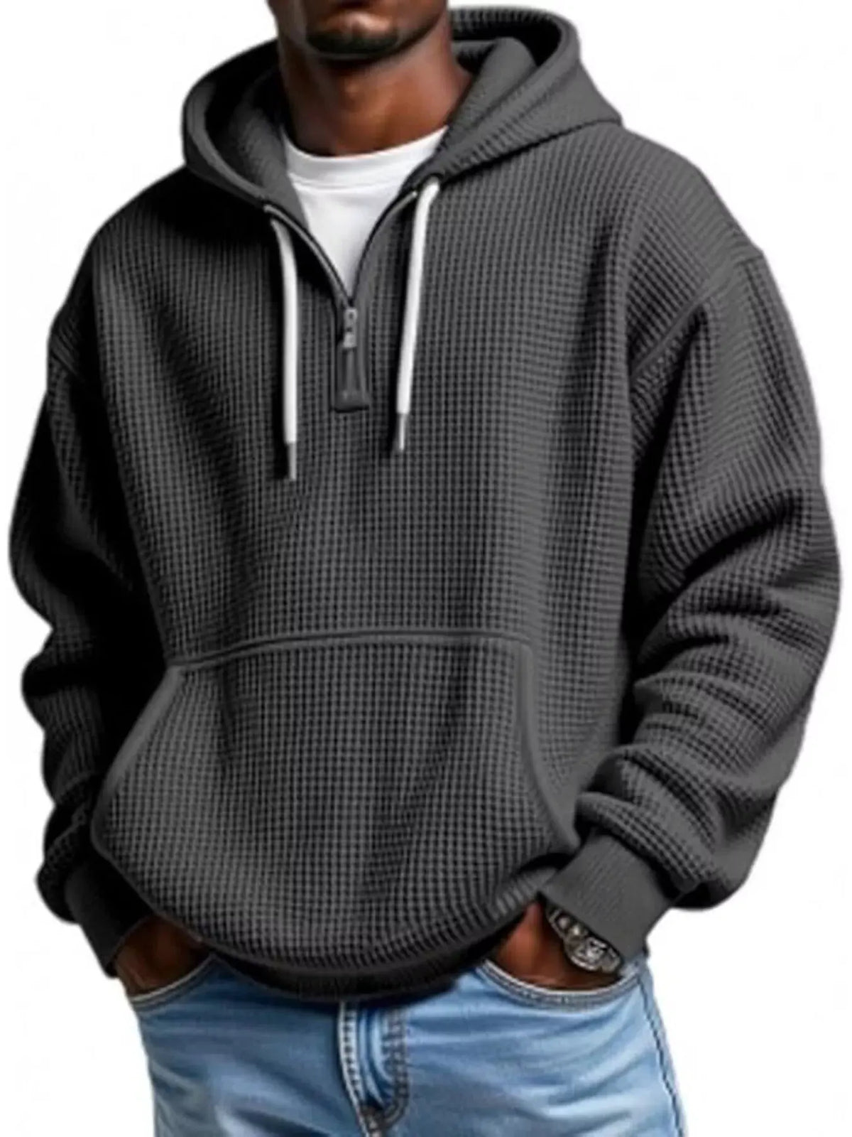 Men's Full Size Waffle Knit Quarter Zip Hoodie Plus Size by Trendsi