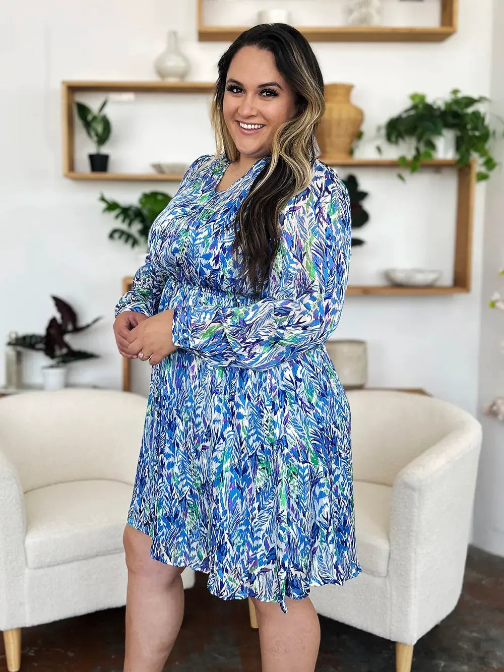Double Take Full Size Printed Drawstring Waist Long Sleeve Dress by Double Take