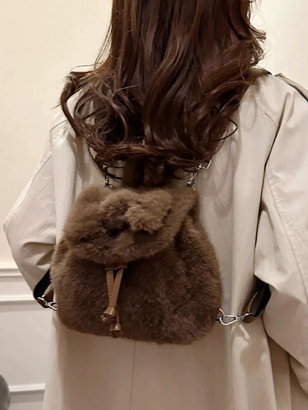 Fuzzy Plush Drawstring Backpack Bag by Partner Label