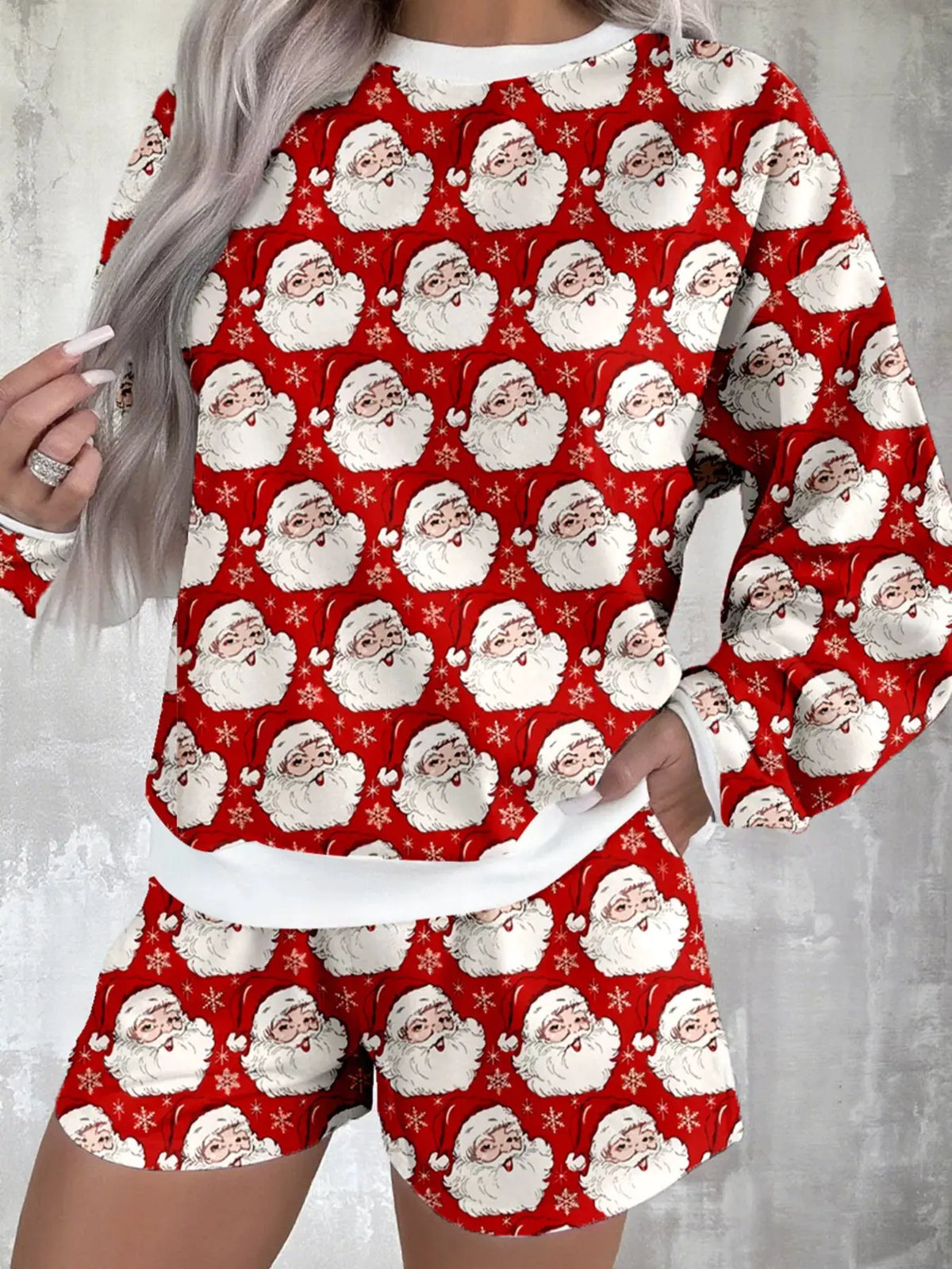 Christmas Santa Print Round Neck Top and Shorts Lounge Set by Partner Label