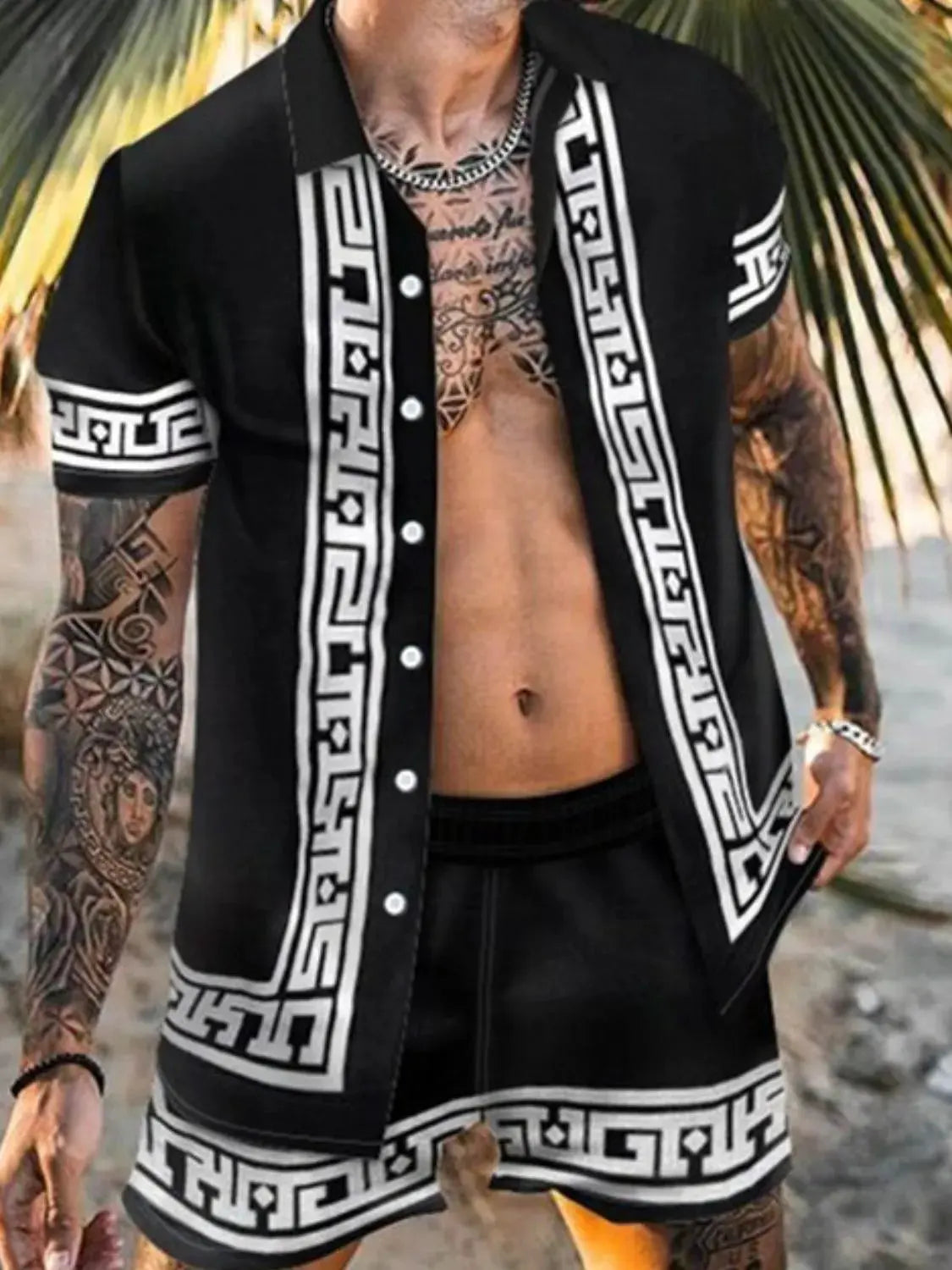 Men's Full Size Printed Button Up Top and Shorts Set Plus Size by Trendsi