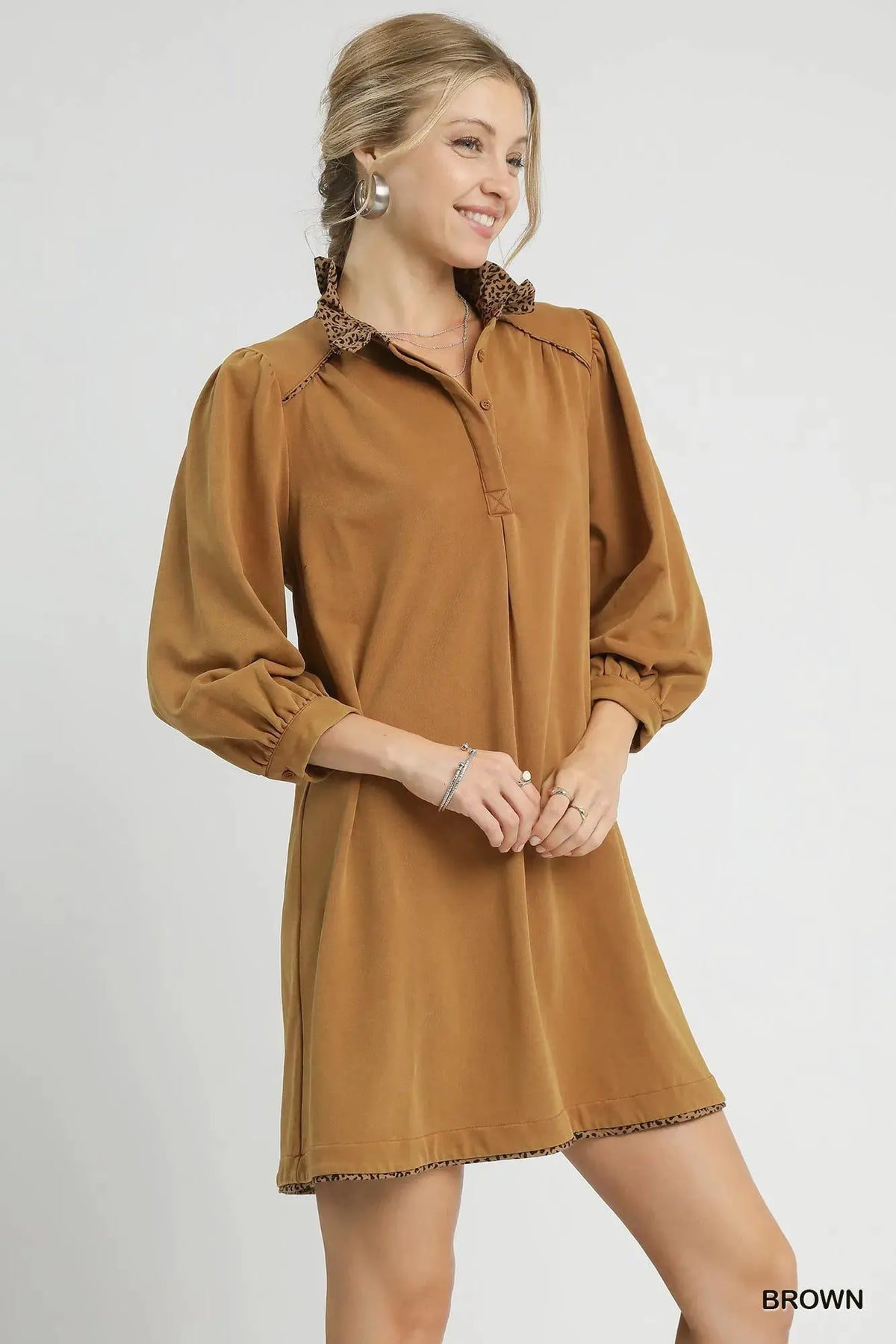 Umgee French Terry Balloon Sleeve Shift Dress with Leopard Print Detail by Umgee