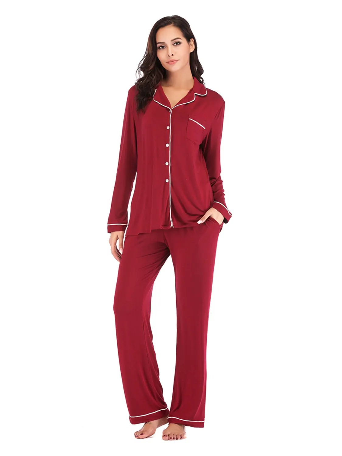 Collared Neck Long Sleeve Loungewear Set with Pockets by Partner Label