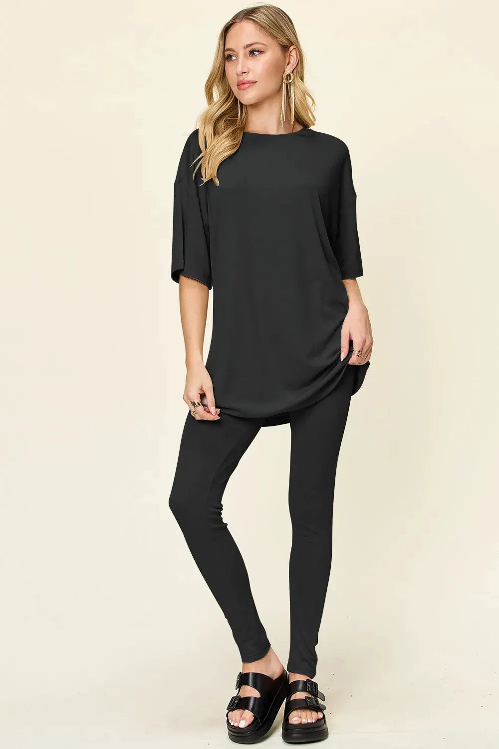 Double Take Full Size Round Neck Dropped Shoulder T-Shirt and Leggings Set by Double Take