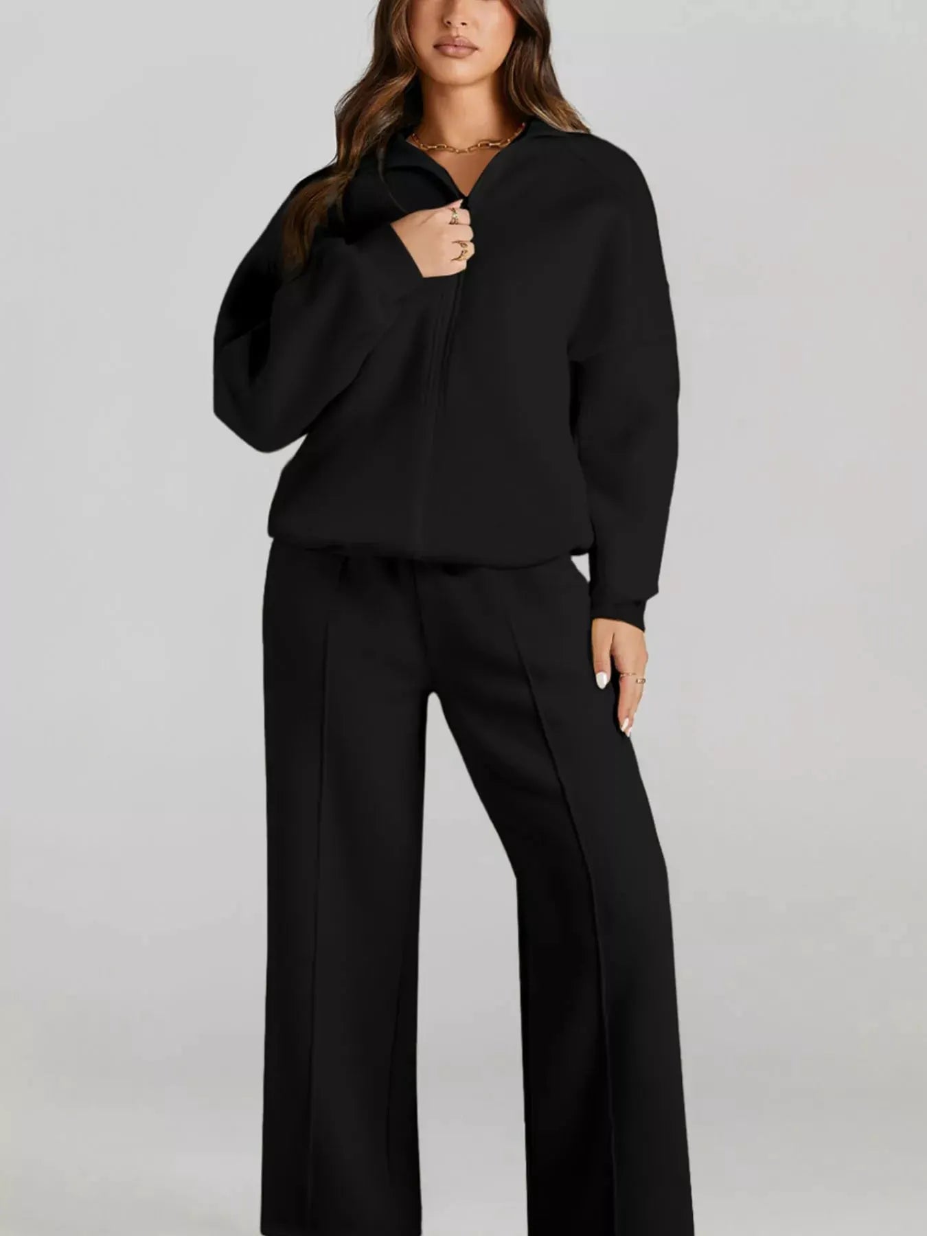Drop Shoulder Zip Up Jacket and Drawstring Pants Active 2pcs Set by Partner Label