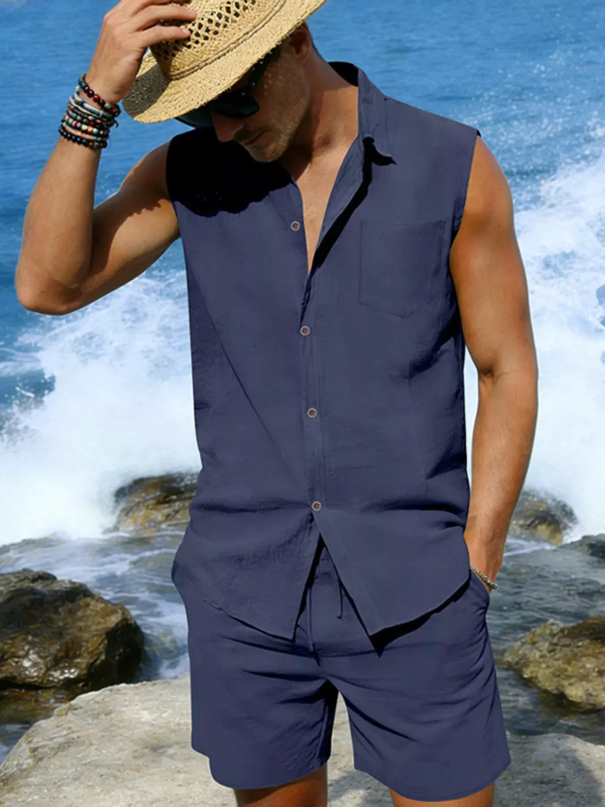 Men's Full Size Button Up Sleeveless Top and Shorts Plus Size by Trendsi