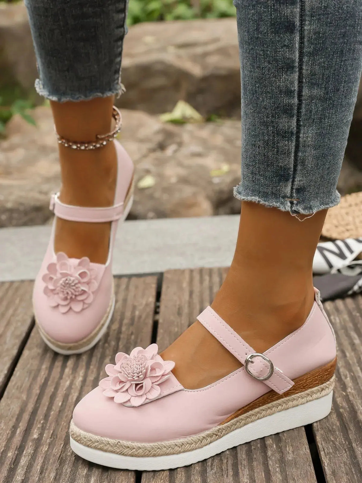 Flower Embellished Mary Jane Loafers by Partner Label
