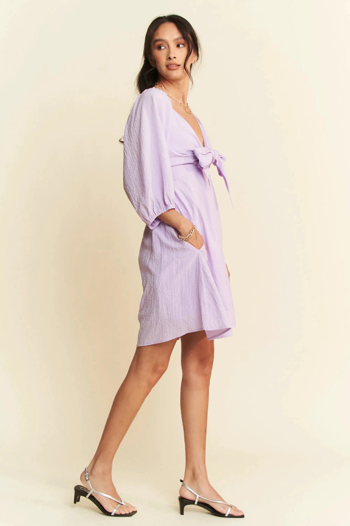 Davi & Dani Self-Tie Puff Sleeve Smocking Open Back Mini Dress by Davi & Dani