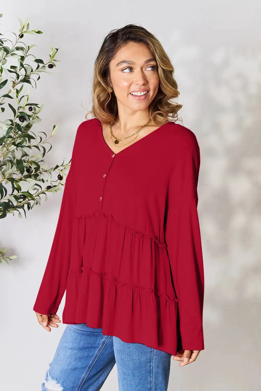 Double Take Half Button Long Sleeve Ruffle Hem Blouse by Double Take
