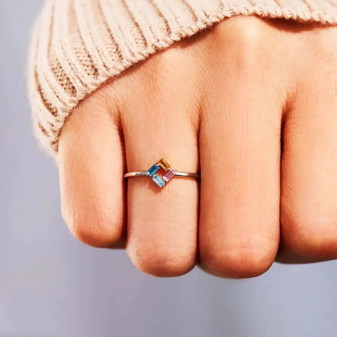 925 Rectangular Birthstone Ring Female Simple Fashion 3-6 Diamond Color Optional Customization by Maiden-Art