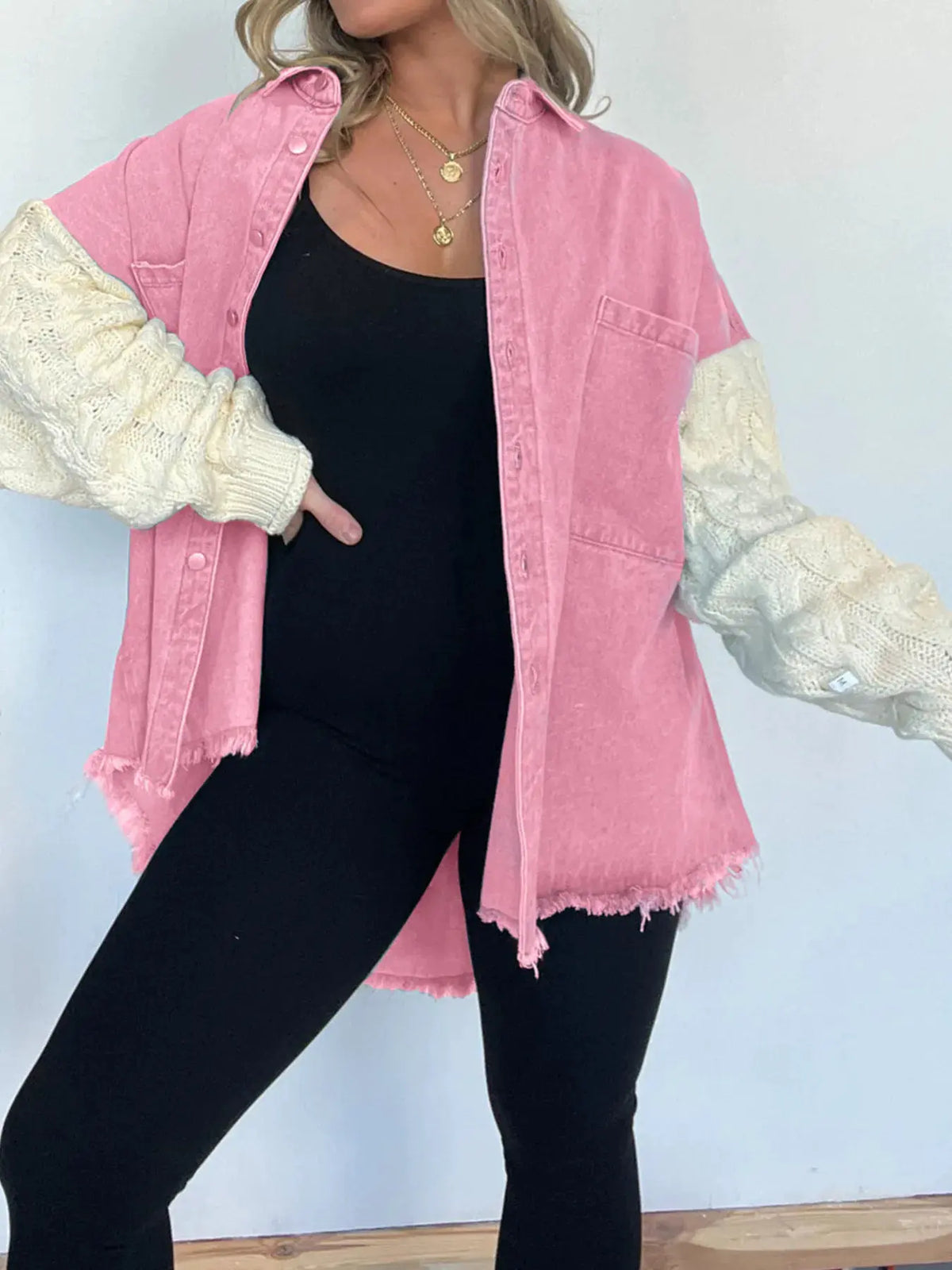 Full Size Raw Hem Button Up Patchwork Denim Jacket Plus Size by Partner Label