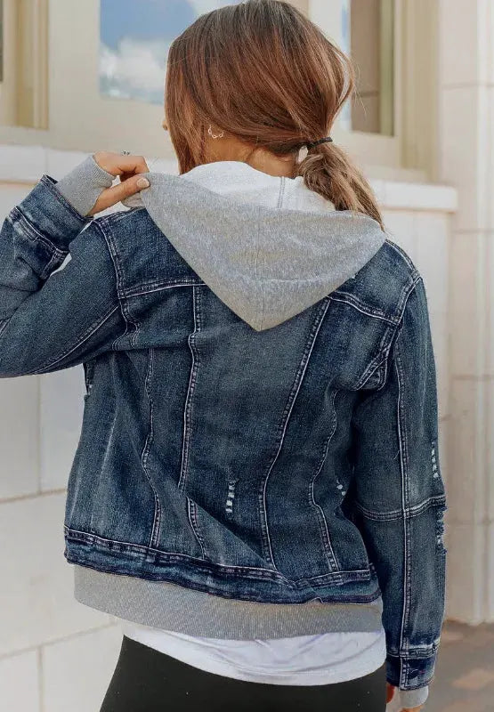 Fake Two-Piece Hooded Zip-Up Denim Jacket by Partner Label