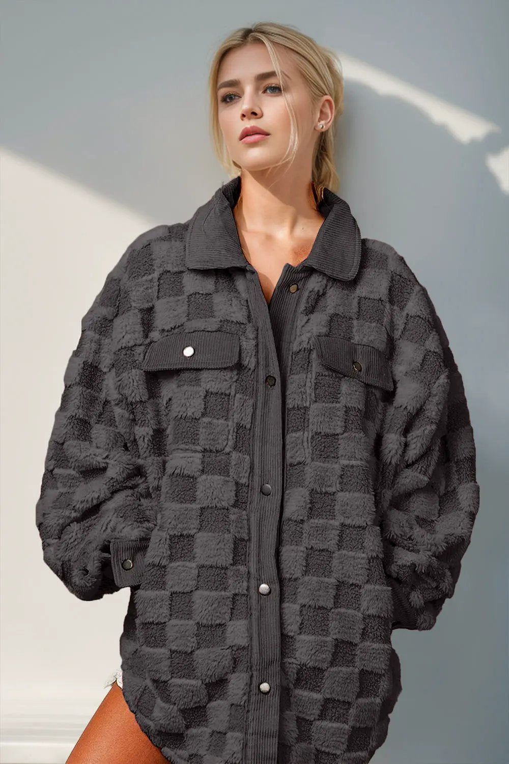 Double Take Button Up Fuzzy Checkered Shacket by Partner Label