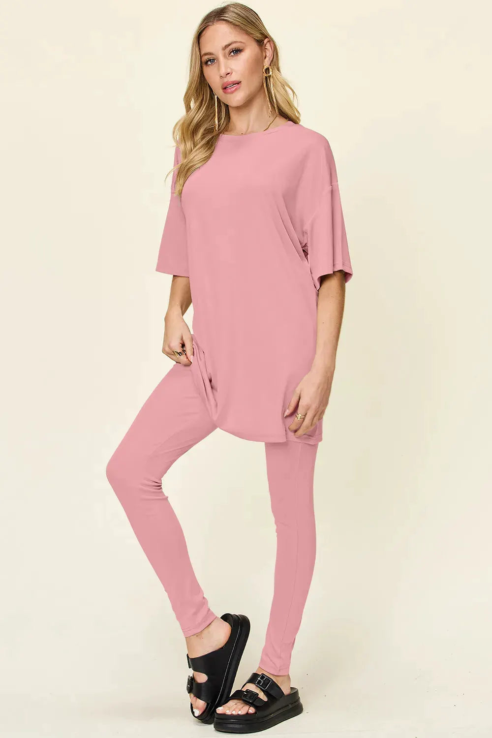 Double Take Full Size Round Neck Dropped Shoulder T-Shirt and Leggings Set by Double Take