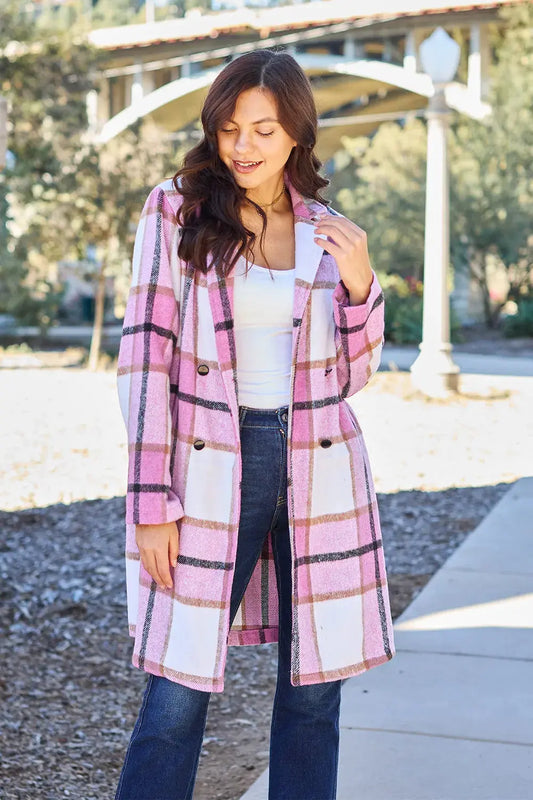 Double Take Full Size Plaid Button Up Lapel Collar Coat by Double Take