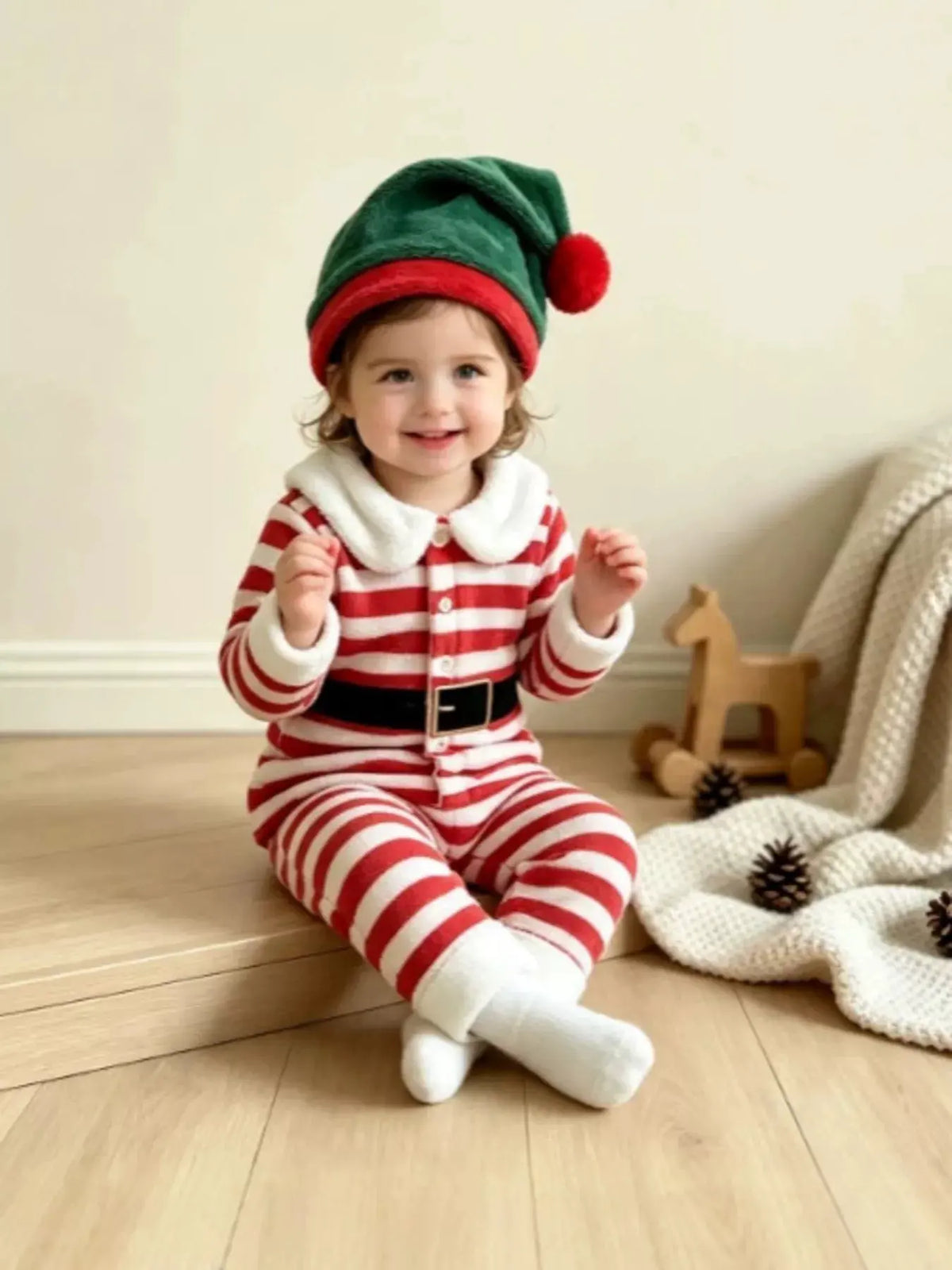 Children's Christmas Striped Pajama Set with Matching Hat by Trendsi