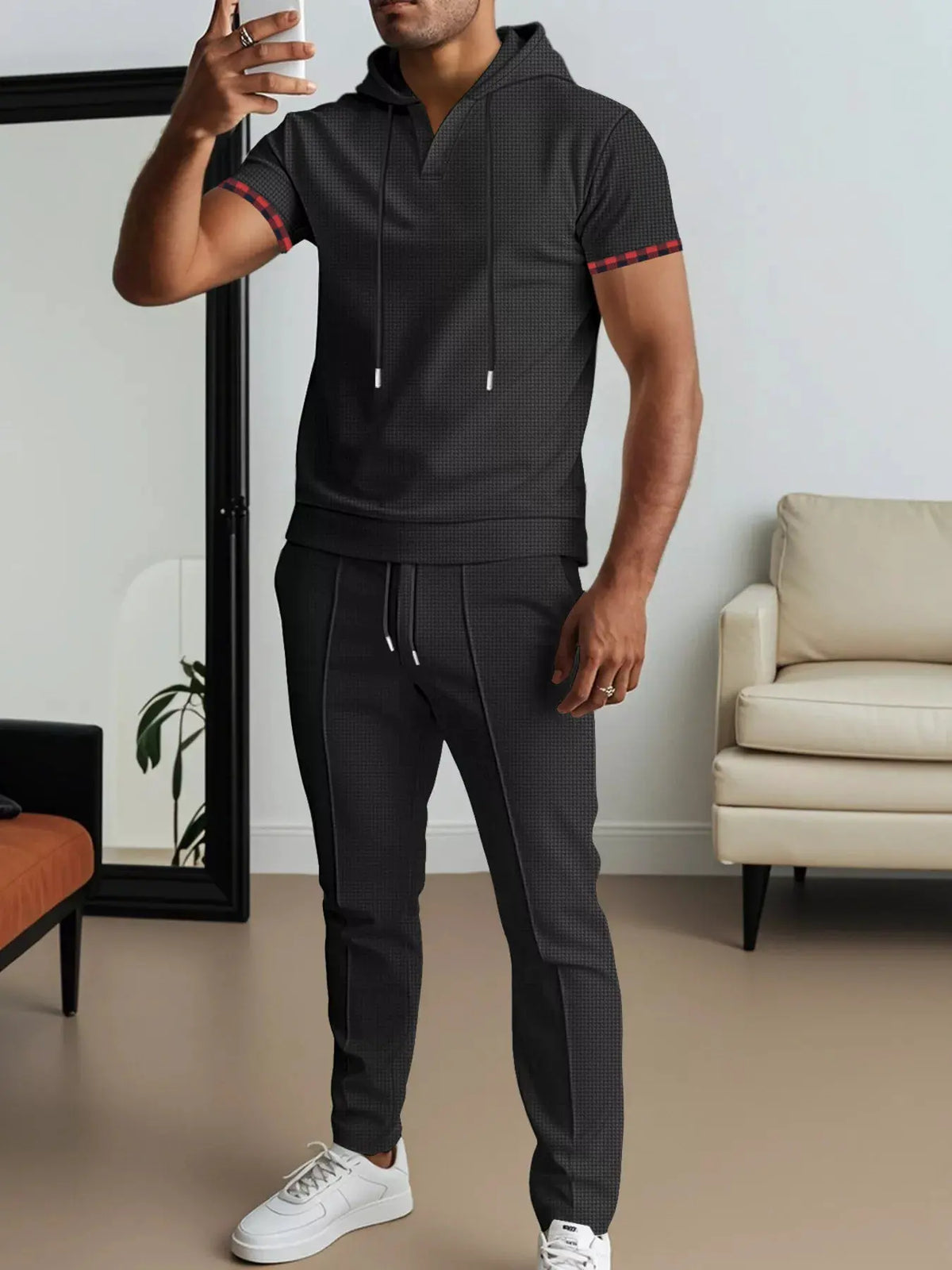 Men's Full Size Casual Short-Sleeve Hoodie and Pants Set Plus Size by Trendsi