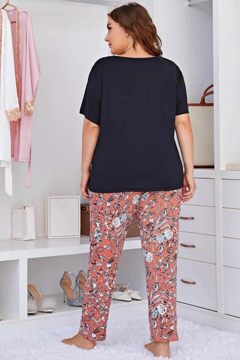 Plus Size Contrast Round Neck Tee and Floral Pants Lounge Set by Partner Label