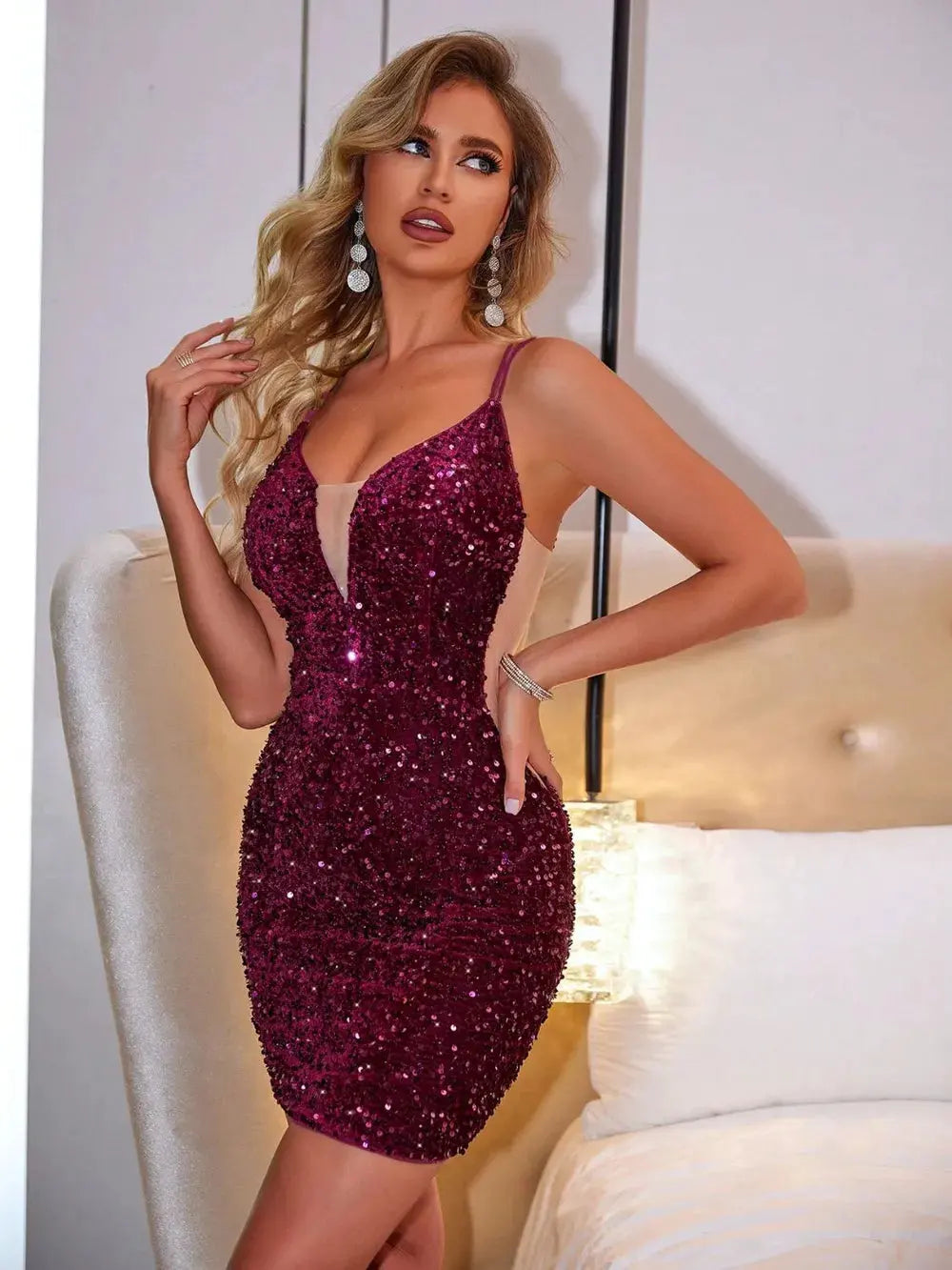 Lace-Up Sequin Plunge Sleeveless Dress by Partner Label