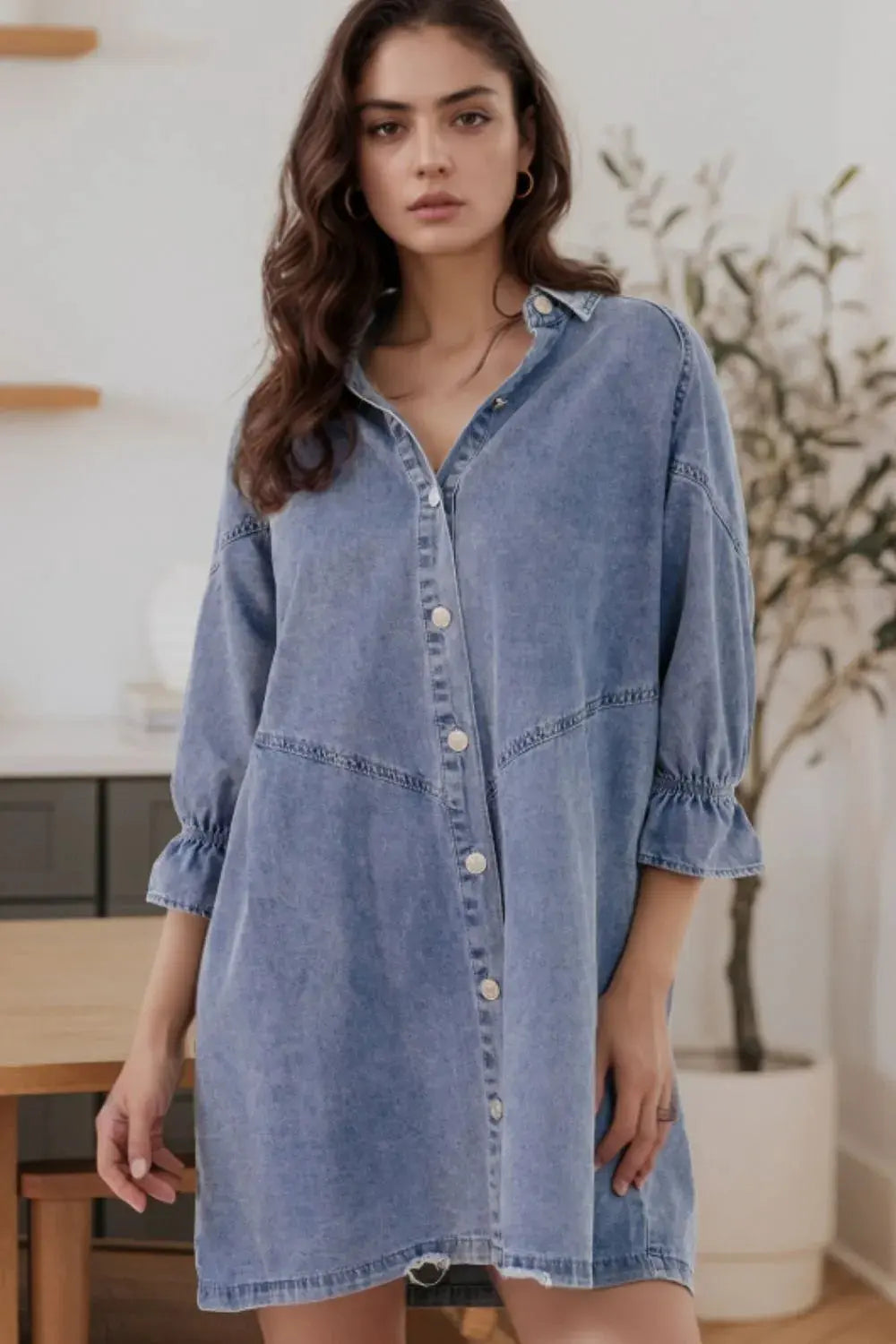 Distressed Collared Neck Flounce Sleeve Denim Dress by Partner Label
