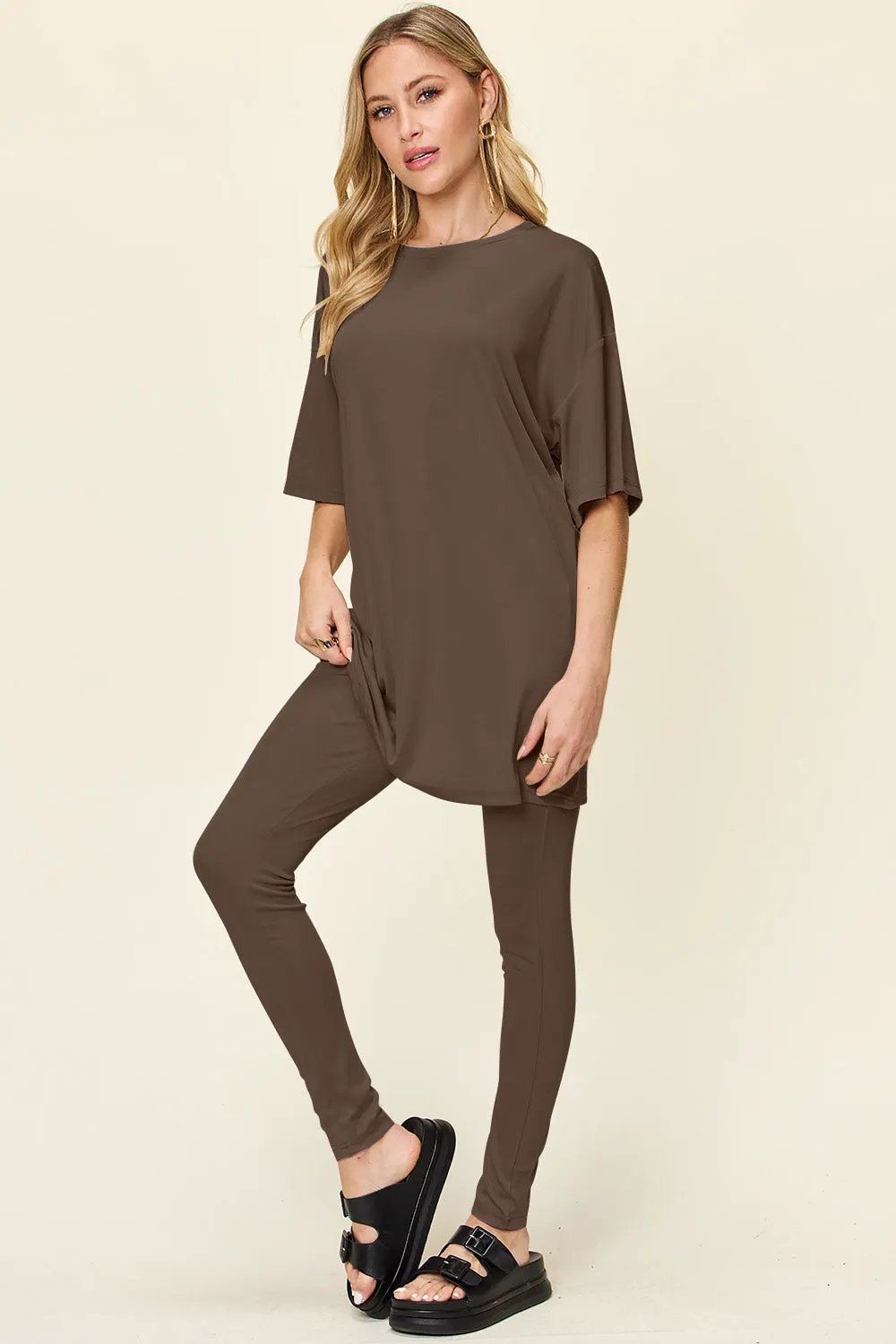 Double Take Full Size Round Neck Dropped Shoulder T-Shirt and Leggings Set by Double Take