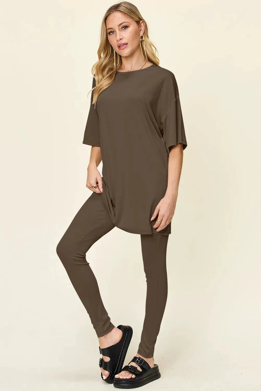 Double Take Full Size Round Neck Dropped Shoulder T-Shirt and Leggings Set by Double Take