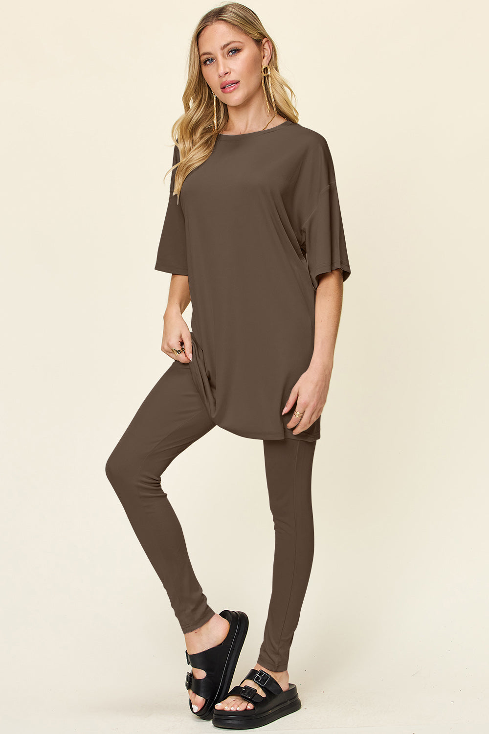 Double Take Full Size Round Neck Dropped Shoulder T-Shirt and Leggings Set by Double Take