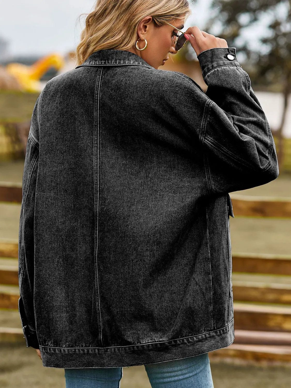 Dropped Shoulder Denim Jacket with Pockets by Partner Label