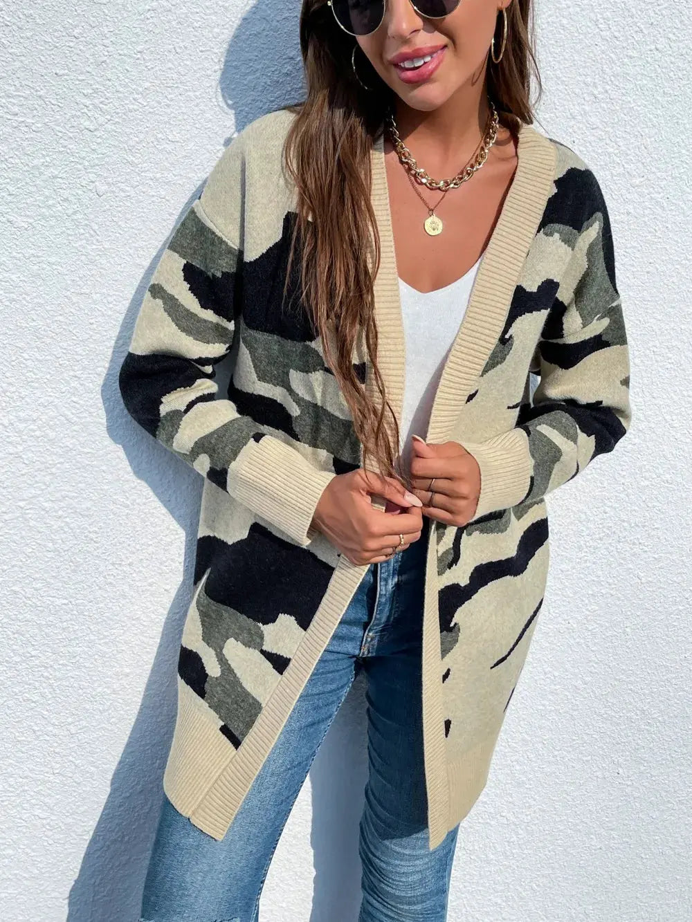 Camouflaged Dropped Shoulder Open Front Cardigan by Partner Label