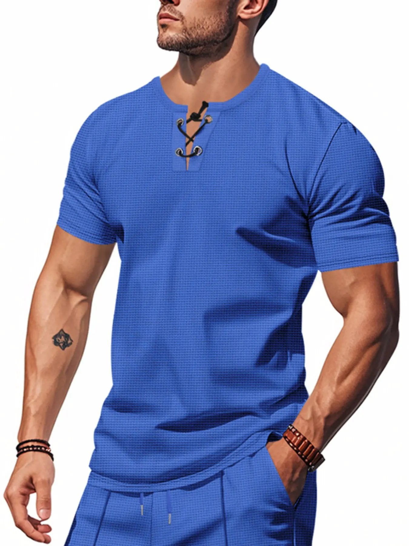 Men's Full Size Lace-Up Neck T-Shirt Plus Size by Trendsi