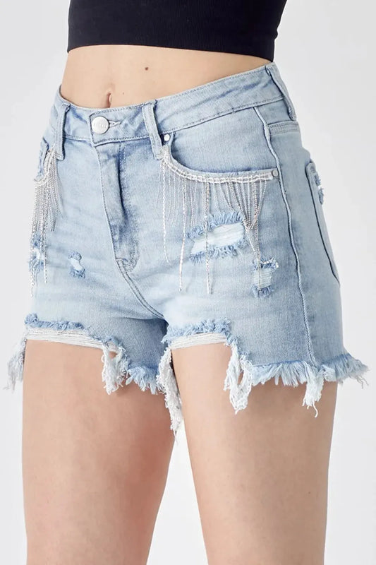 RISEN Frayed Hem Denim Shorts with Fringe Detail Pockets by RISEN