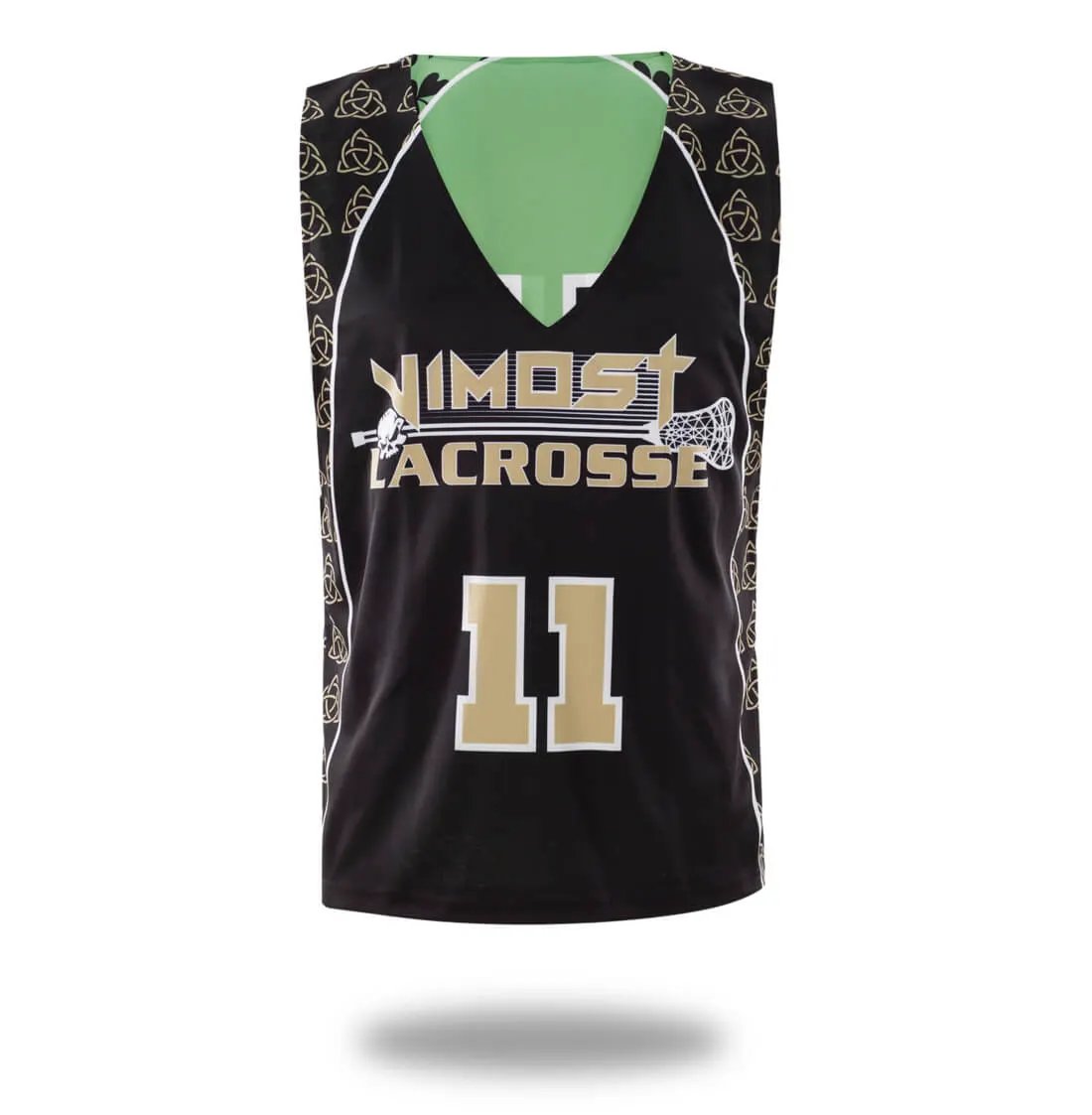 Custom Black Green Clover Lacrosse Pinnies and Shorts by Vimost Sportswear