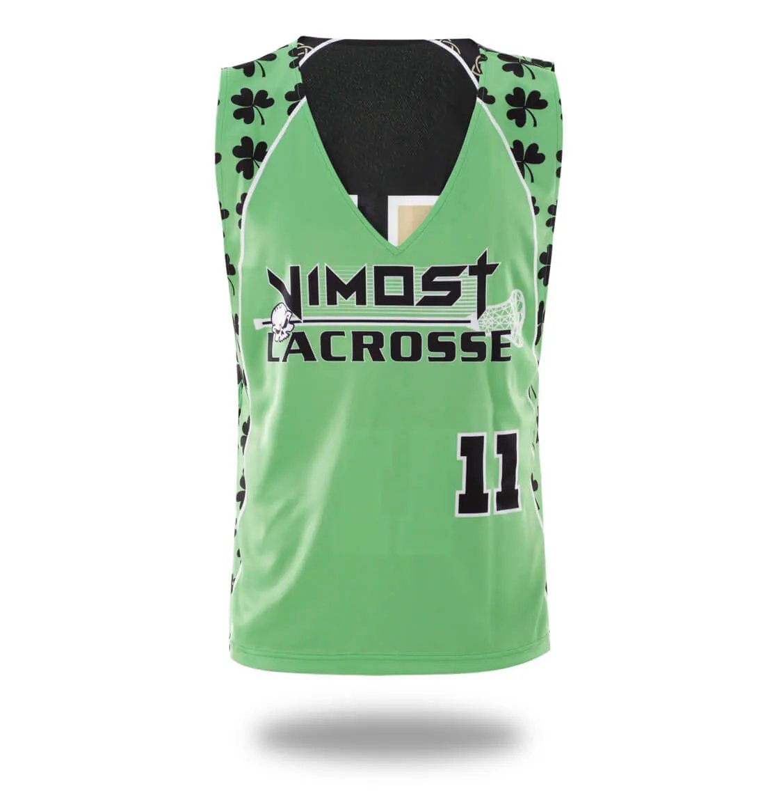 Custom Black Green Clover Lacrosse Pinnies and Shorts by Vimost Sportswear