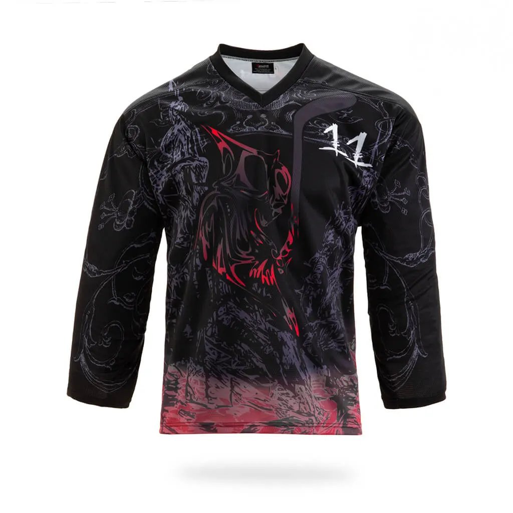 Custom Black Red Warrior Graphic Ice Hockey Jersey by Vimost Sportswear