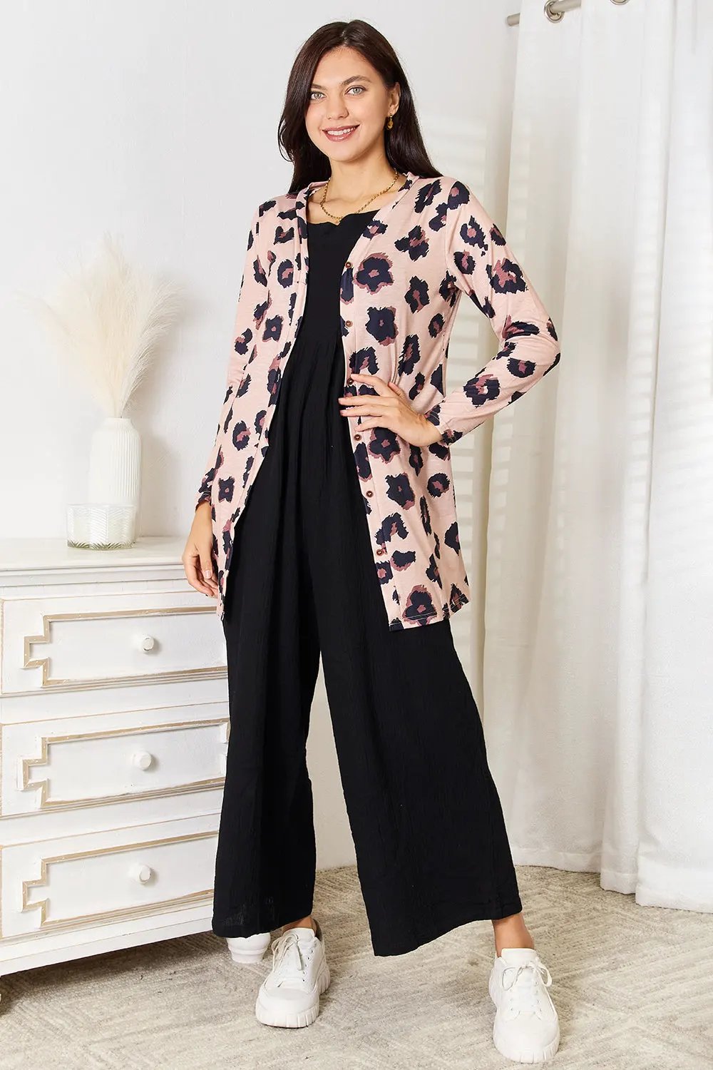 Double Take Printed Button Front Longline Cardigan by Double Take