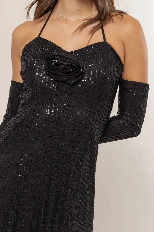 HYFVE Sequin Rosette Halter Mini Dress by HYFVE