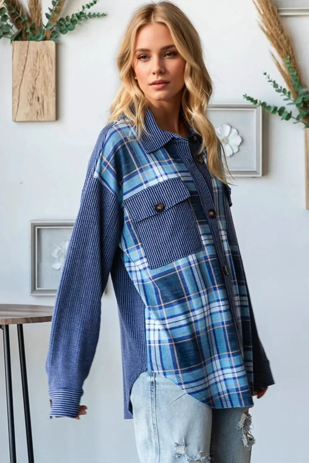 Oh Plaid Button Up Long Sleeve Shacket with Breast Pockets by Partner Label