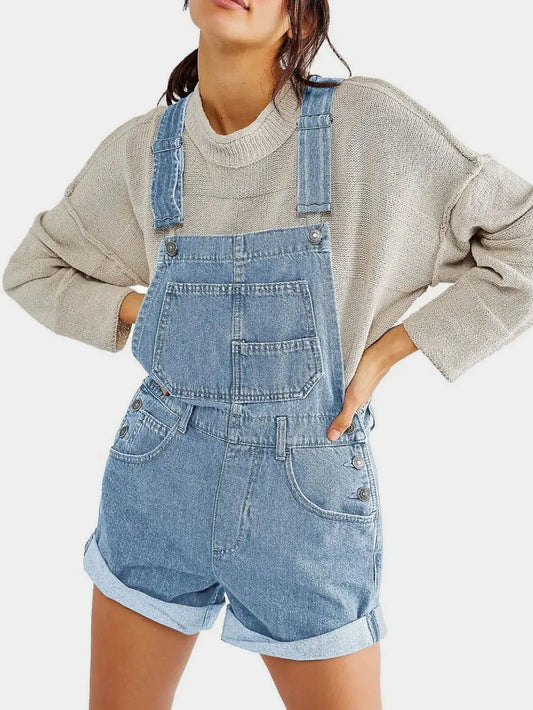 Pocketed Square Neck Wide Strap Denim Overalls by Partner Labels